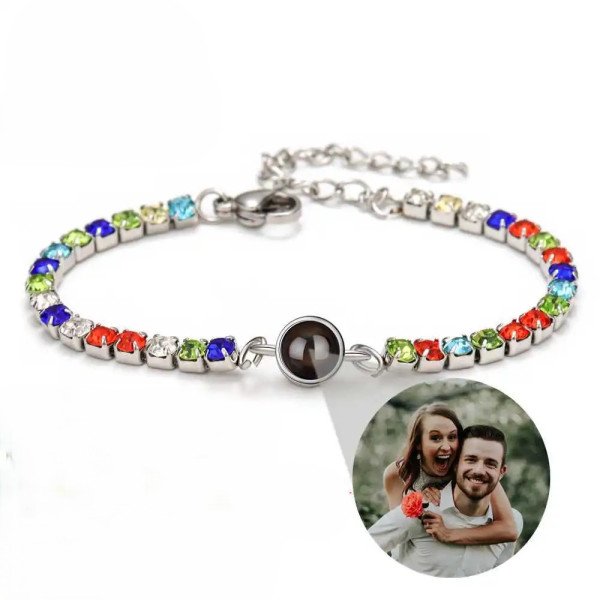 Buntes Zirkonia-Armband mit Fotoprojektion – personalisiert mit eigenem Bild, verstellbar 18–23 cm