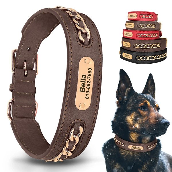 Graviertes Lederhalsband mit Namen & Nummer – Personalisiertes Echtleder-Halsband für Hunde