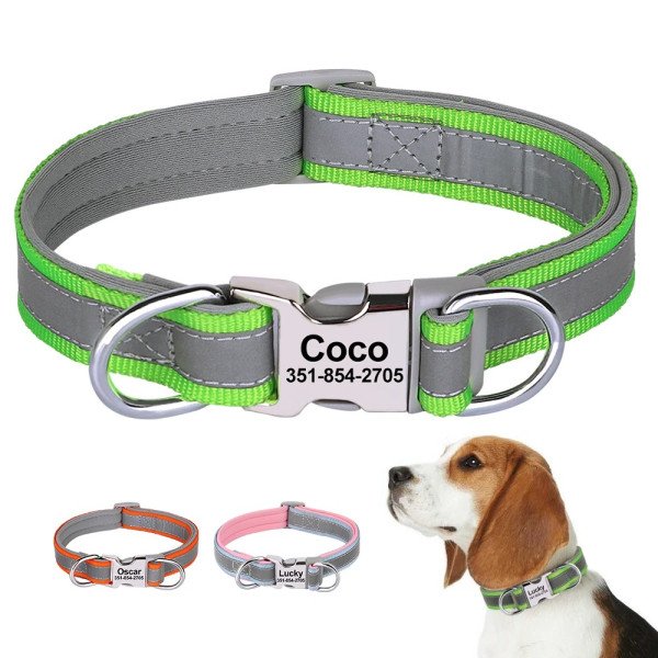 Graviertes Hundehalsband mit Reflektorstreifen – Personalisiertes Halsband mit Name & Nummer