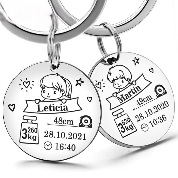Baby-Schlüsselanhänger mit Gravur – personalisiert mit Name, Größe & Geburtsdatum